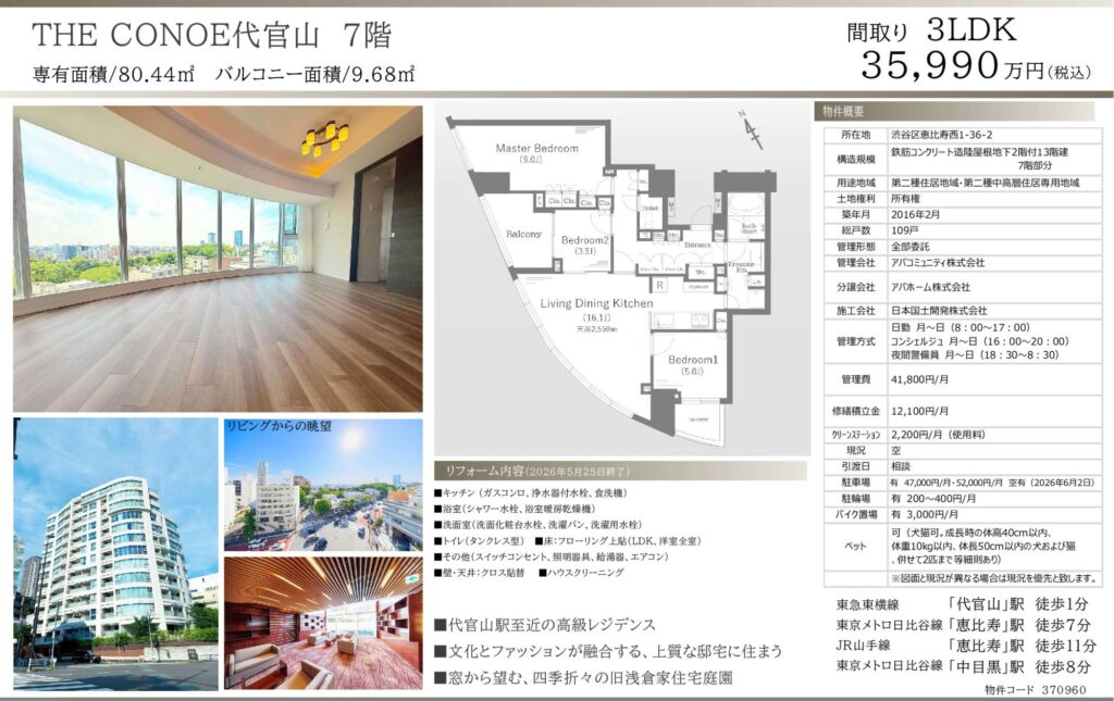 THE CONOE代官山 7階｜3LDK・80.44㎡・3億5,990万円｜売買マンション
