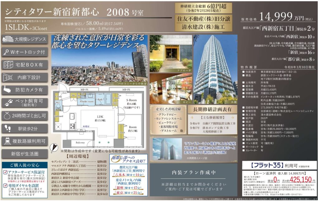 シティタワー新宿新都心 2008号室|西新宿五丁目駅徒歩2分・58.00㎡|売買マンション