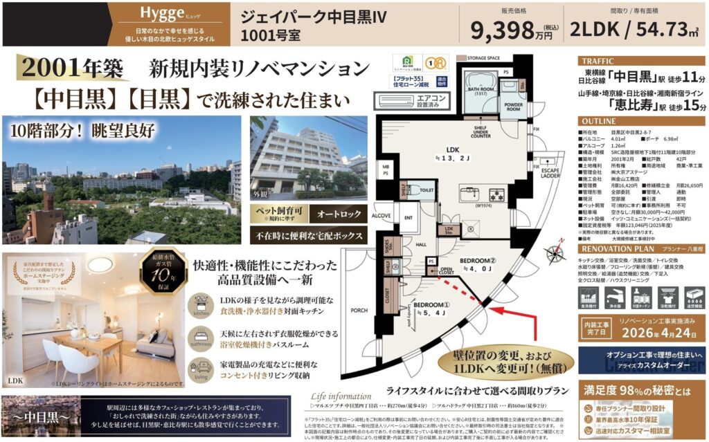 ジェイパーク中目黒Ⅳ 1001号室｜中目黒駅徒歩11分・9,598万円・54.73㎡・2LDK｜売買マンション