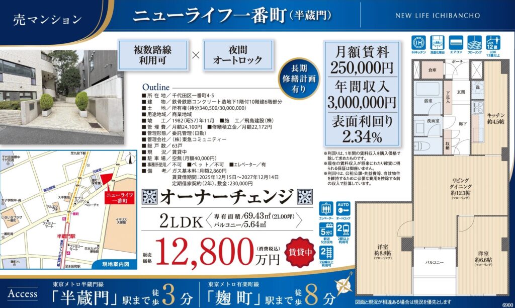 ニューライフ一番町｜半蔵門駅徒歩3分｜12,800万円｜参考利回り2.34％｜オーナーチェンジ物件