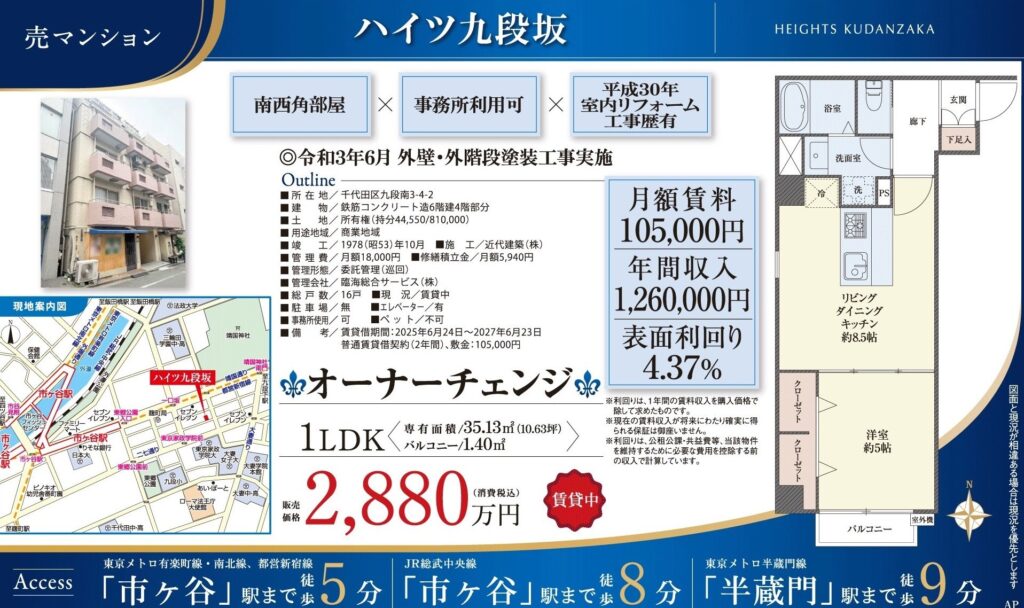 ハイツ九段坂｜市ヶ谷駅徒歩5分｜2,880万円｜参考利回り4.37％｜オーナーチェンジ物件