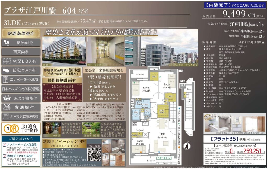 プラザ江戸川橋604号室|江戸川橋駅徒歩1分・9,499万円・75.47㎡・3LDK|売買マンション