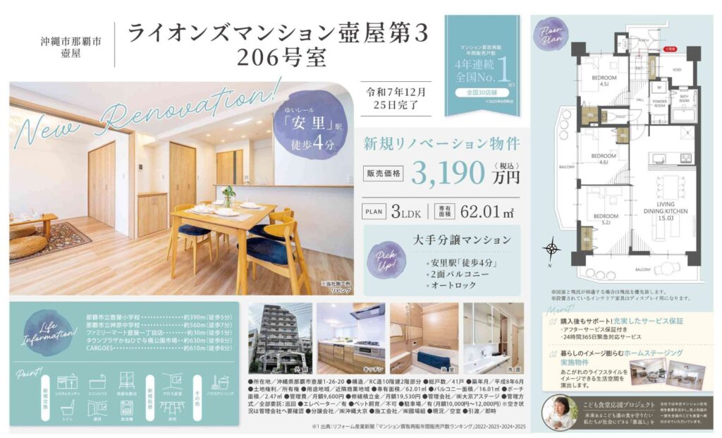 ライオンズマンション壺屋第3 206号室｜那覇市壺屋｜3,190万円｜3LDK｜62.01㎡｜中古マンション