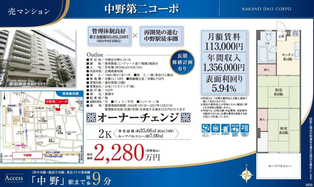 中野第二コーポ｜中野駅徒歩9分｜2,280万円｜参考利回り5.94％｜オーナーチェンジ物件