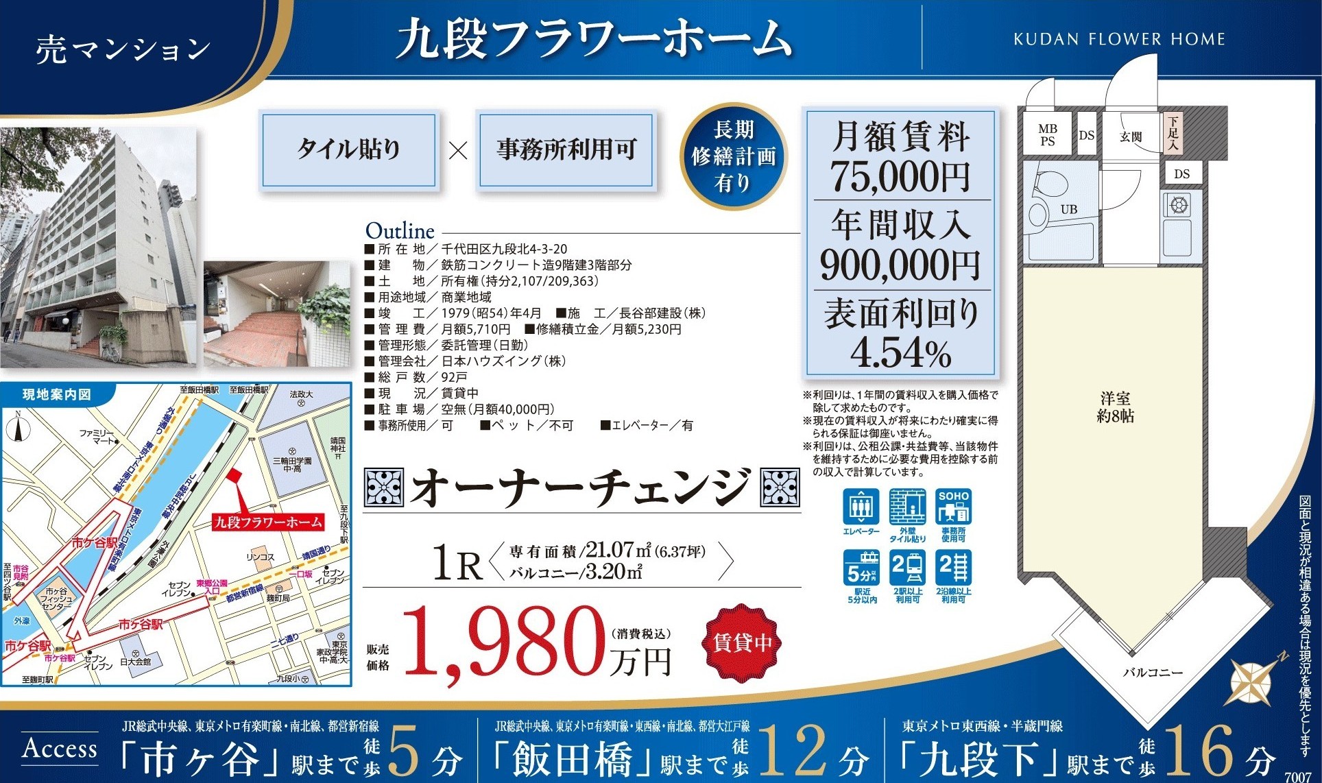 九段フラワーホーム｜市ヶ谷徒歩5分｜1,980万円｜参考利回り4.54％｜オーナーチェンジ物件