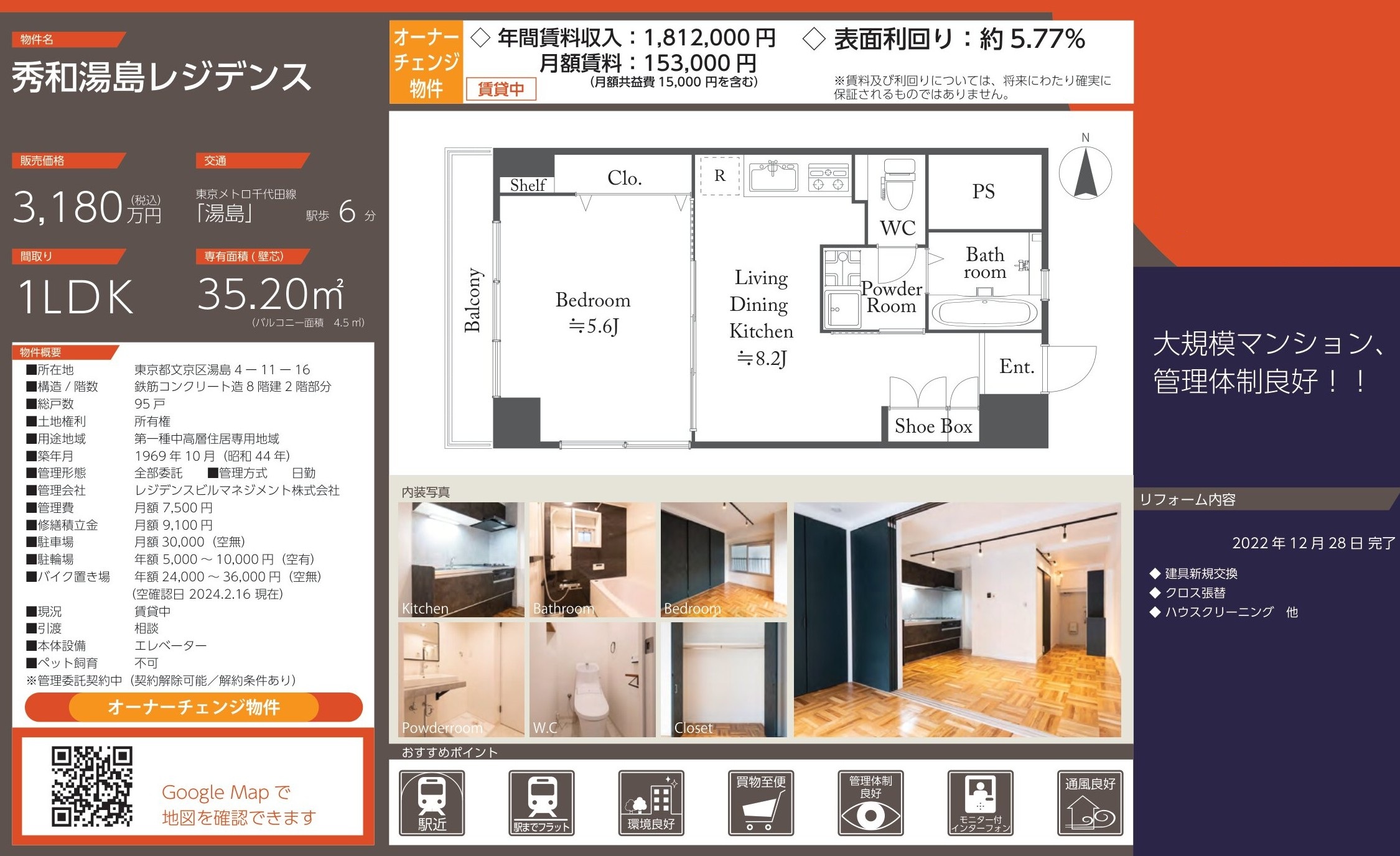 秀和湯島レジデンス｜湯島徒歩6分｜3,180万円｜参考利回り5.77％｜オーナーチェンジ物件