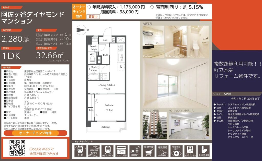 阿佐ヶ谷ダイヤモンドマンション｜阿佐ヶ谷駅徒歩12分｜2,280万円｜参考利回り約5.15％｜オーナーチェンジ物件