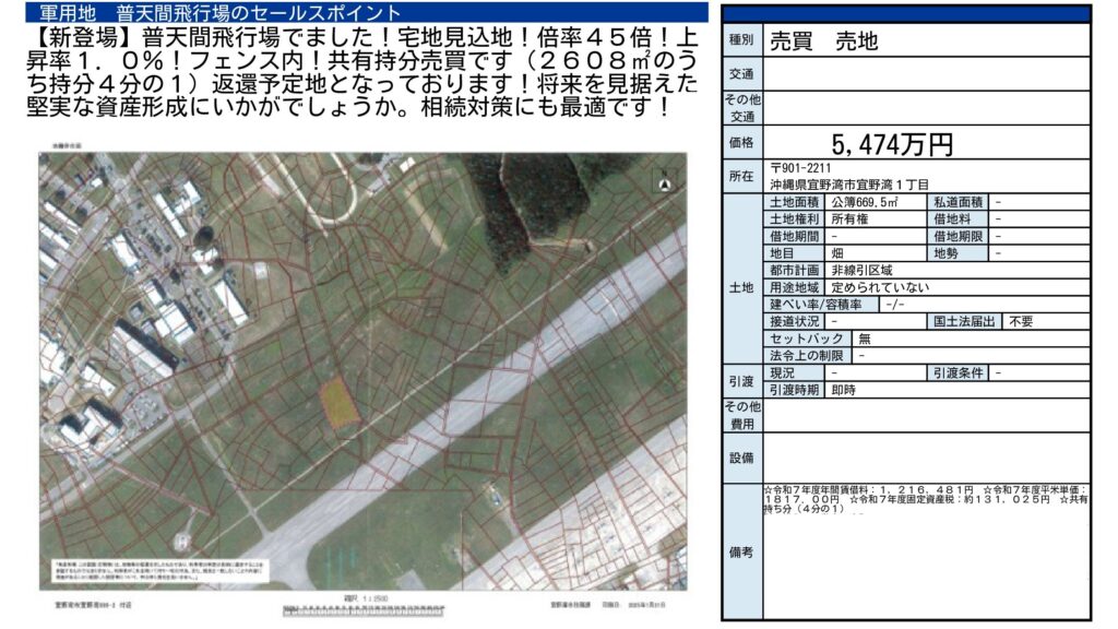 普天間飛行場 軍用地|宜野湾市宜野湾1丁目・5,474万円・669.5㎡|収益物件