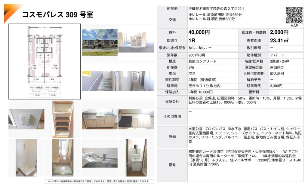 コスモパレス309号室|名護市宇茂佐の森・賃料4万円・23.41㎡・1R|賃貸マンション