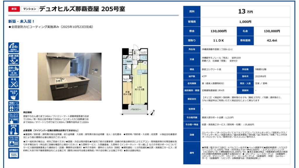 デュオヒルズ那覇壺屋205号室｜那覇市壺屋・賃料13万円・42.4㎡・1LDK｜賃貸マンション