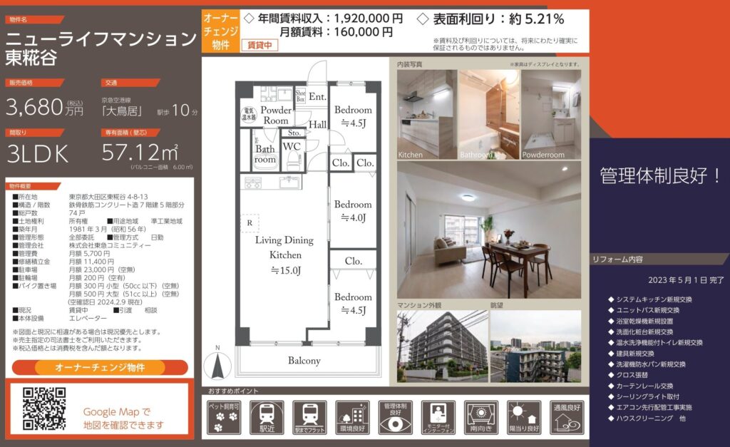 ニューライフマンション東糀谷｜大鳥居駅徒歩10分・3,680万円・表面利回り約5.21％｜収益物件