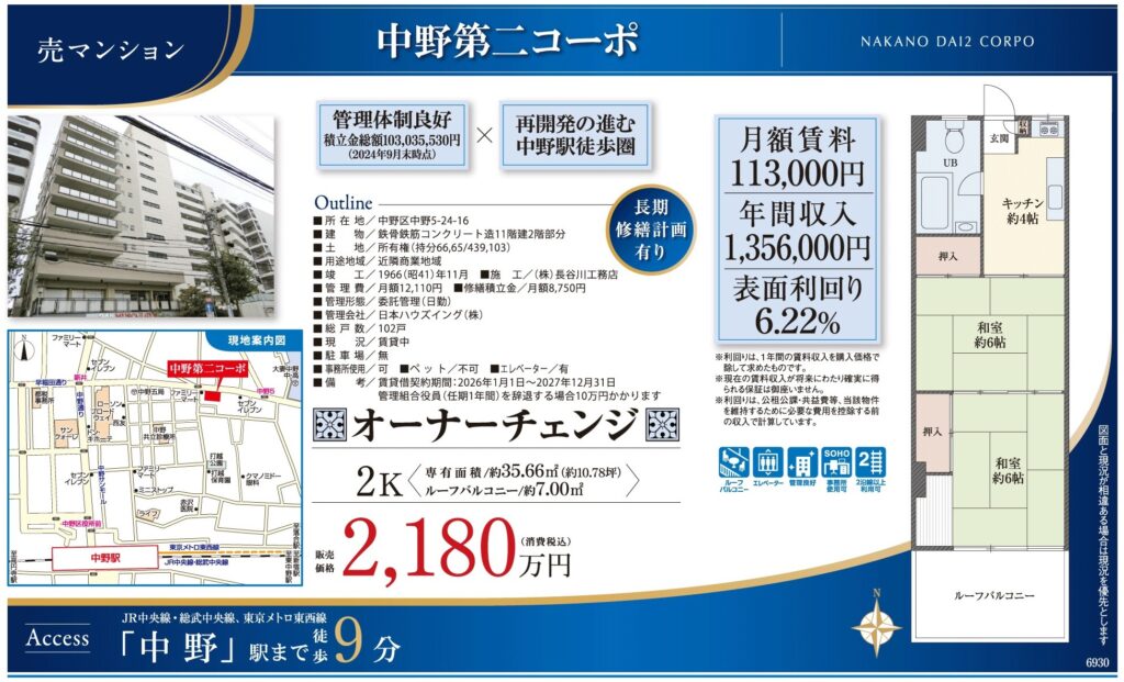 中野第二コーポ|中野駅徒歩9分・2,180万円・35.66㎡・2K|収益物件